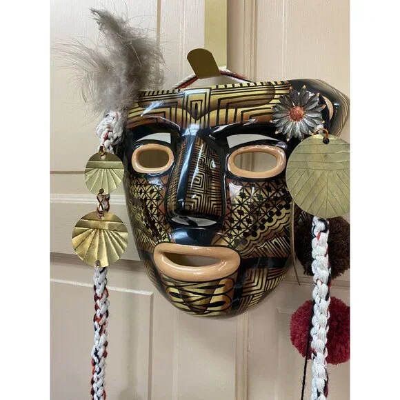 Costa Rica Ceramic Mask Feathers Boruca Style Signed By Artist Arroyabe Suraj - Picture 8 of 11